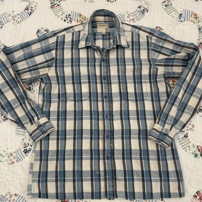 Vintage 1980s Arrow Flannel Shirt Mens Distressed Blue Check Button Up Sz Large
