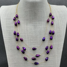 Charming Charlie Layered Statement Necklace Purple Teardrop Beads Gold Tone 20"