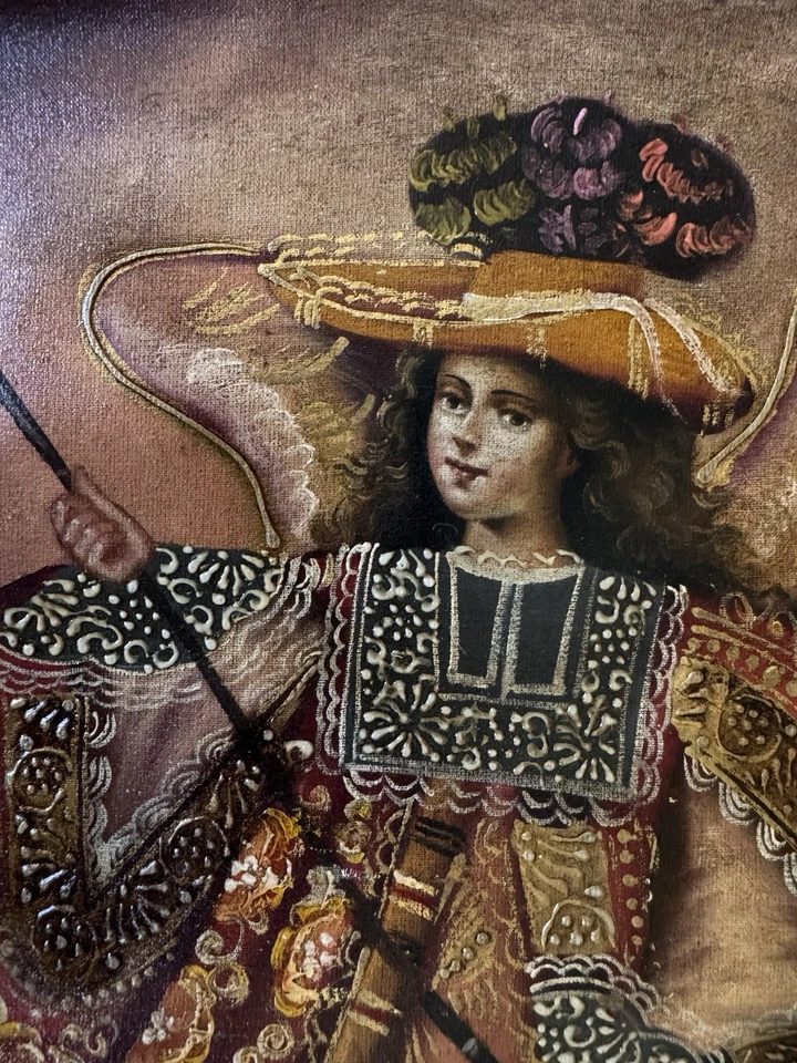 18x13 In. Cuzco Spanish Colonial Angel Rifle Oil Painting Archangel Arcabucero - Image 2 of 4