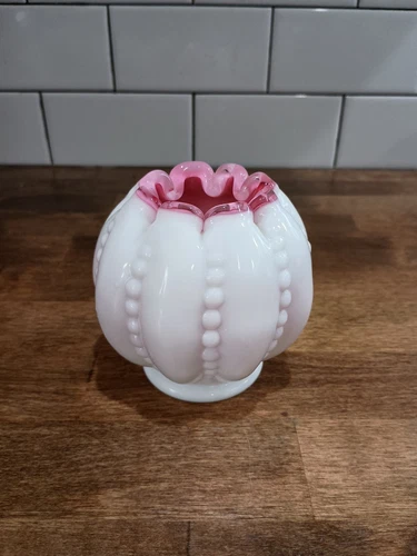 Vintage Fenton Art Glass Beaded Melon Rose Bowl Vase Pink With White Overlay 4"