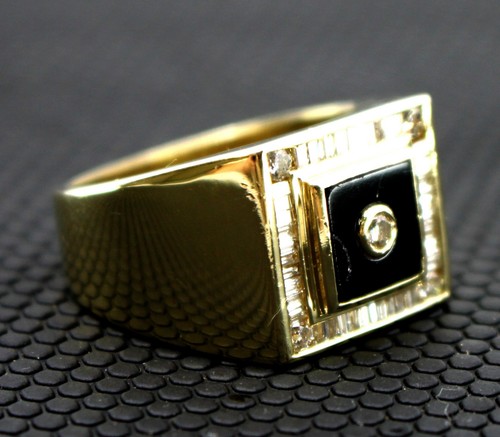 Anillo distintivo de oro amarillo macizo de 14K con sello de ónix y diamantes redondos de ónix para hombre - Imagen 7 de 14