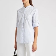 Veronica Beard Waha Tunic Top Size S White Blue Pin Stripe Mao Neck Roll Up