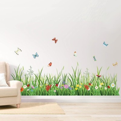 Green Grass Wall Corner Stickers Flowers Butterflies Baseboard Skirting Line