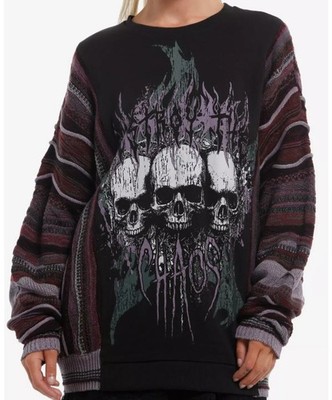 Destroy The Chaos Skulls Sweater Girls XS 3D Cable Knit Metal Grunge Sweatshirt