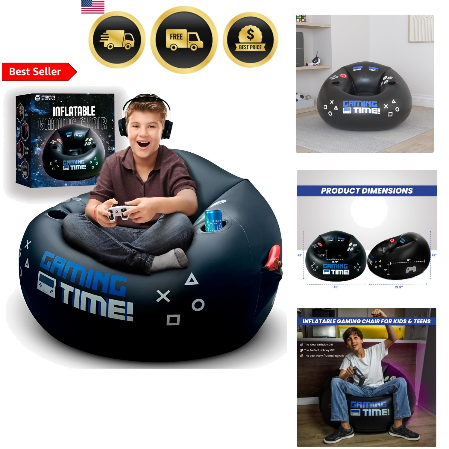 Inflatable Gaming Chair Kids Teens Cup Holders Side Pocket Blue Gt 41 In
