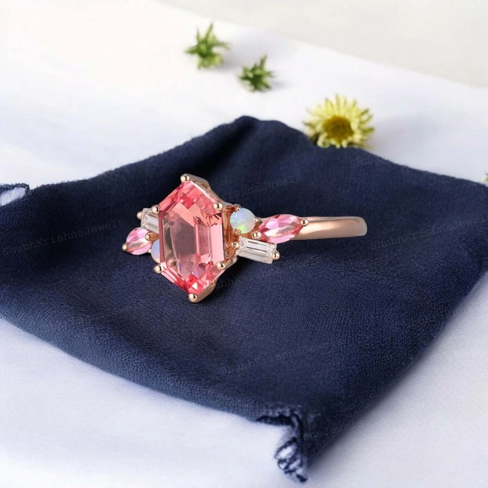 14k Rose Gold  7X5 mm Hexagon Cut Lab Created Padparascha Sapphire Wedding Ring - Image 4 of 4