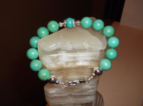 MEN/WOMEN HANDMADE 8 1/4" 11 MM GREEN TURQUOISE & STERLING SILVER BEAD BRACELET - Picture 3 of 11