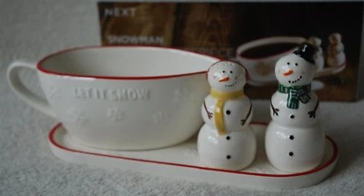 NEXT 4PCS Table Kitchen Set Cute S&P Snowman Shakers Snowflake Gravy Boat Cerami