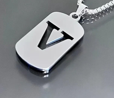 925 Silver Initial Letter V Men's Pendant in 14k White Gold Plated No Chain