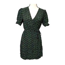 Urban Outfitters Womens Wrap Dress Small Green Black Floral Smocked Sleeve VNeck