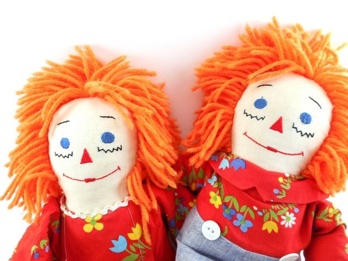 Vintage Raggedy Ann and Andy Dolls Handmade 20” I Love You Embroidery Floral - Picture 2 of 10