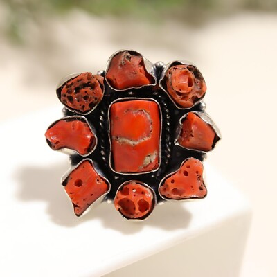 Natural Red Coral Raw Ring Gemstone 925 Sterling Silver Handmade Jewelry