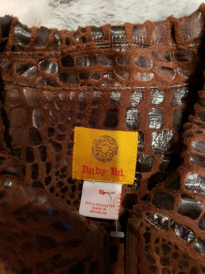 Ruby Rd Womens Brown Snake Skin Zip Up Jacket Collar Pockets Size 10 - Image 3 of 4