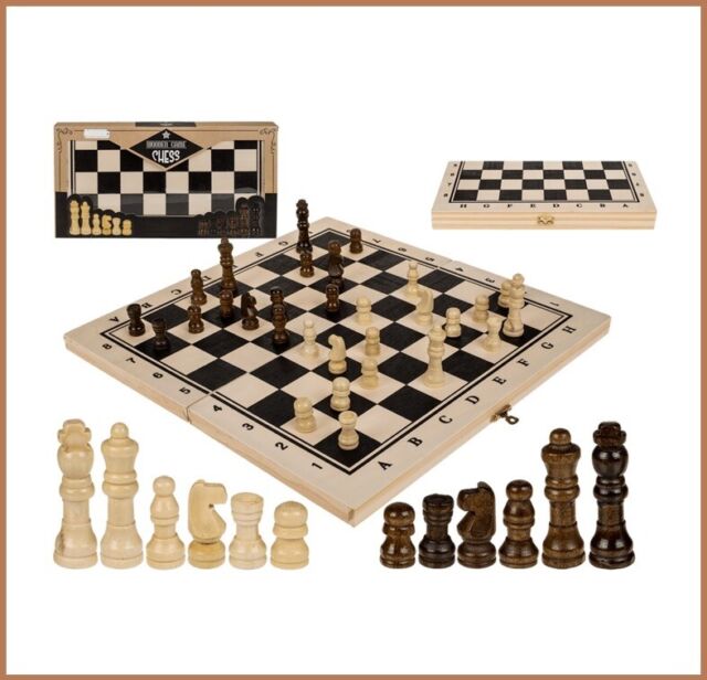 Schach 100% Holz-Brettspiel Gesellschaftsspiel ca 34x34 cm Reisespiel nur 385g
