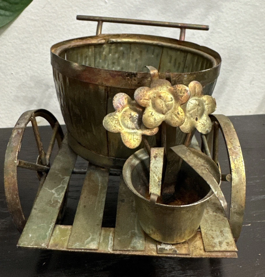 Vintage Flower Cart Metal Sculpture Art Decor - Image 3 of 4
