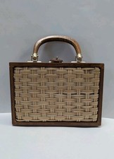 Vintage SIMON Hong Kong WOOD FRAMED Wicker Leather Basket Purse Handbag 1950-60