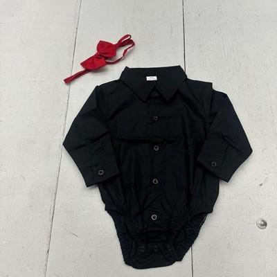 SOBOWO Black Long Sleeve One Piece Button Up Body Suit Bow Tie Babies 18-24M NEW