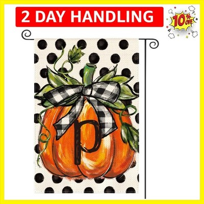 Fall Monogram Letter P Garden Flag Polka Dot Pumpkin 12x18 Inch Double Sided ...