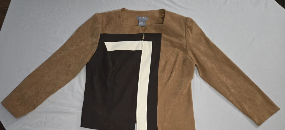 Корет женщин искусственной замши цвет блок Blazer куртка 14P коричневый желтовато-коричневый молнии спереди EUC - Изображение 2 из 4