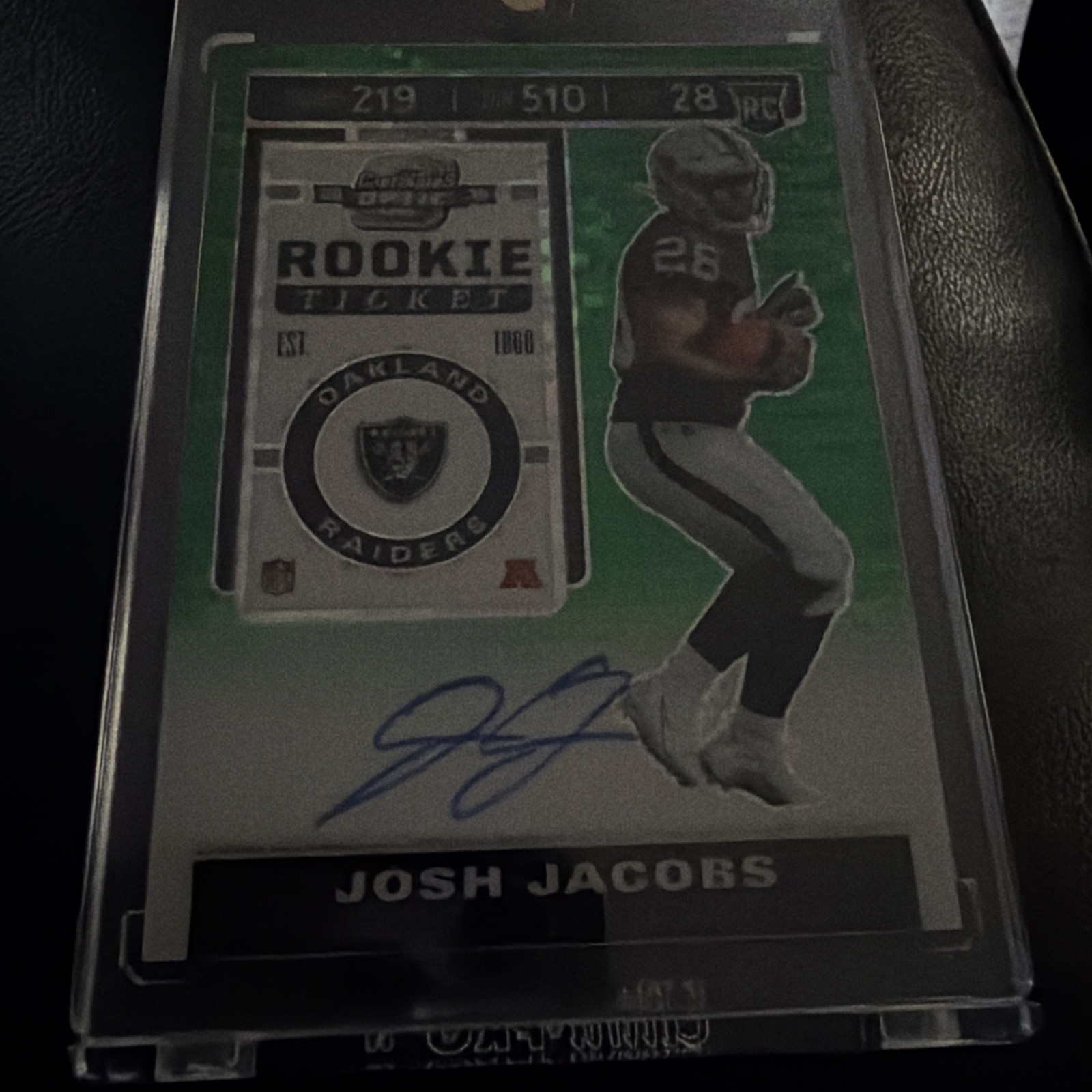 2019 Panini contenders  OPTIC JOSH JACOBS RC GREEN PULSAR AUTO/27