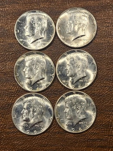 1964 Kennedy Half Dollars 90% Silver Lot of 6 Circulated AU/BU