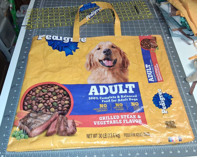Lined Tote Repurposed Upcycled Pedigree Dog Food Bag 22'' long x 18'' high Yellow