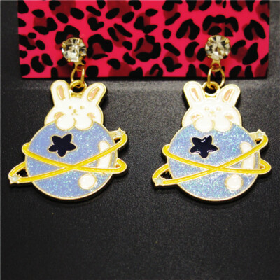 New Blue Enamel Cute Planet Rabbit Crystal Fashion Lady Women Stand Earrings