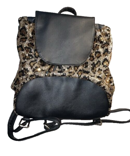 Cheetah print sequin backpack Purse Bag Back Pack Silver Hardware 12" x 8" - Afbeelding 1 van 15