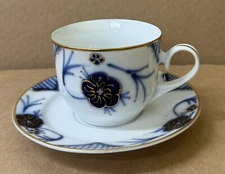 Vintage Camina Extra Fine Porcelain Tea Cup & Saucer Blue with Gold Trim Romania