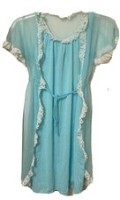 VIntage Aqua Blue SHORT SET Robe Nightgown Sheer White Frilly LACE sz M