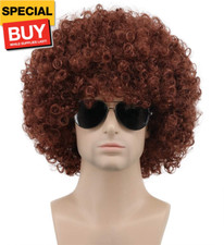 Men Women 70s 80s Short Curly Brown Rocker Party Afro Wig California Halloween C