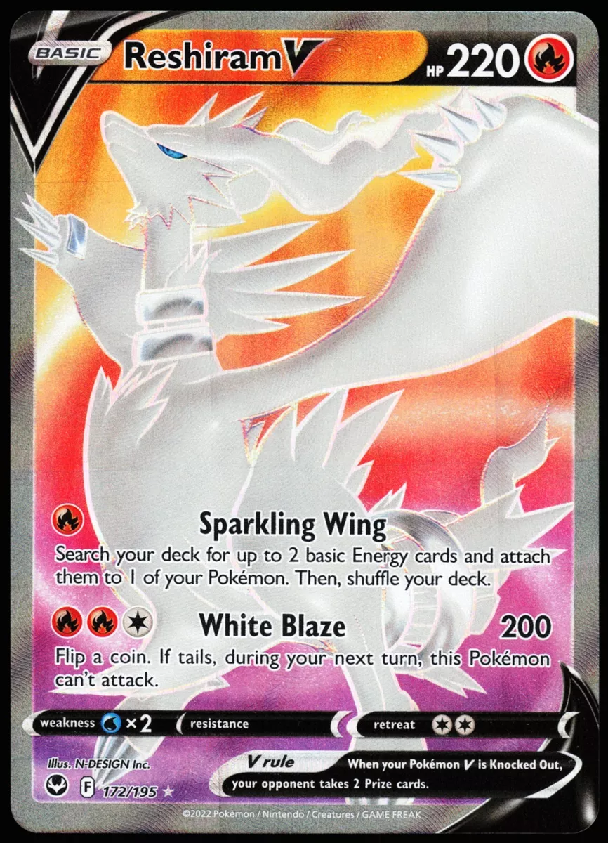 Reshiram V 172/195 SWSH Silver Tempest Holo Full Art Ultra Rare Pokemon  Card NEAR MINT