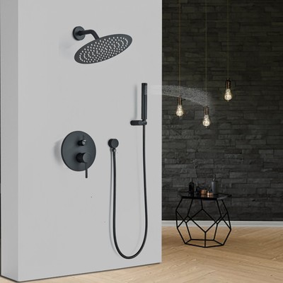 Shower Faucet System 8'' Rainfall Round Shower Head W/Hand Shower Matte Black