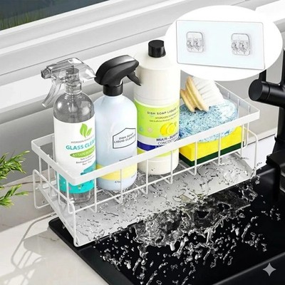 Weiß Küche Spüle Caddy Organizer Edelstahl Abfluss Seife Bürste Schwamm Ordnung
