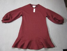 Anthropologie Dress Womens XS Red Textured Rose Mare Mini Ruffle Puff Sleeve