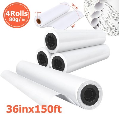 4Roll 36 in x 150 ft Wide Format Paper Plotter Paper CAD Bond Rolls 2'' Core 