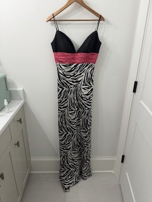 Jovani Black and White Zebra Silk Maxi Dress With Pink Detail, Size 8 | eBay