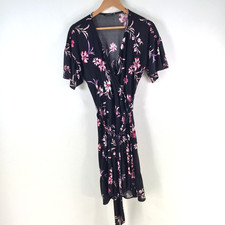 Portmans wrap dress womens size XS black floral short sleeve Vneck belt 128279