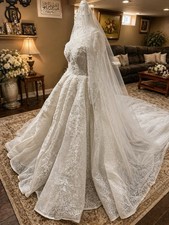 White Lace Beaded Ball Gown Wedding Dress Long Sleeve