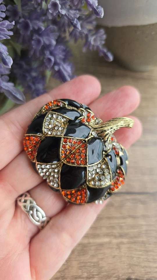 Pumpkin Brooch Enamel Crystal Rhinestone Black And Orange Large Pumpkin Pin - Image 2 of 4