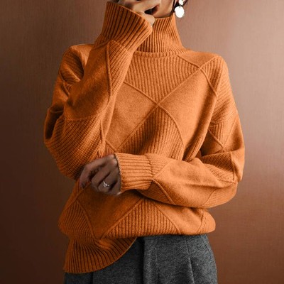 Lockerer warmer Pullover mit hohem Kragen einfarbig Strick Damen