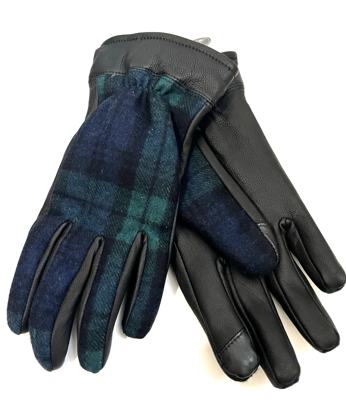 $130 NEIMAN MARCUS Leather Wool Blend Plaid Gloves M
