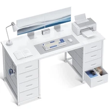 48" White Computer Desk with 8 Fabric Drawers Modern Office Workstation