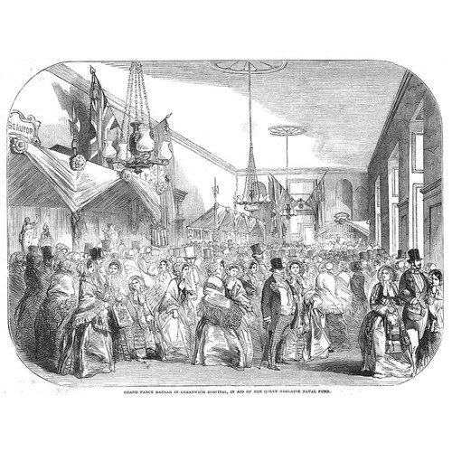 LONDON Grand Fancy Bazaar in Greenwich Hospital - antiker Druck 1852