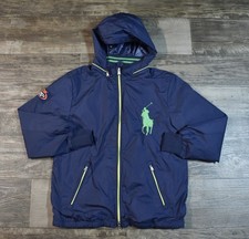 Vtg Polo by Ralph Lauren Hooded Jacket Youth Medium Blue Big Pony Logo Full Zip