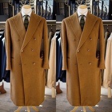 Camel Woolen Men Overcoat Peak Lapel Double Breasted Business Casual Long Jacket