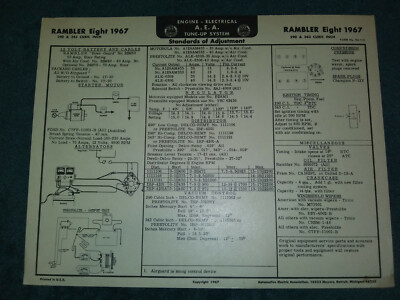 1967 RAMBLER 290 & 343 V-8 ENGINE A.E.A. TUNE-UP CHART / USEFUL INFO
