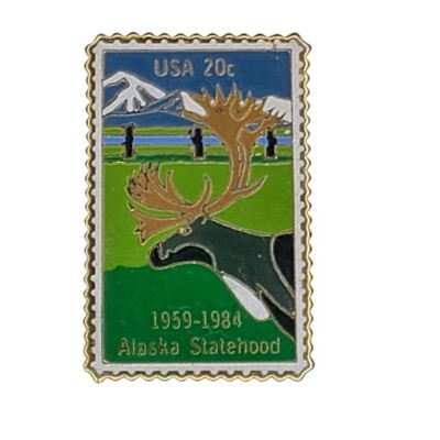 USPS Alaska Statehood 25th Anniversary 20c Stamp Enamel Pin 1959 1984 Caribou