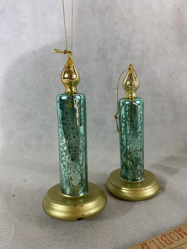 Set Of 2 Flickering Illuminated Mercury Glass Light Up Lighted Green GoldCandles - Picture 2 of 5