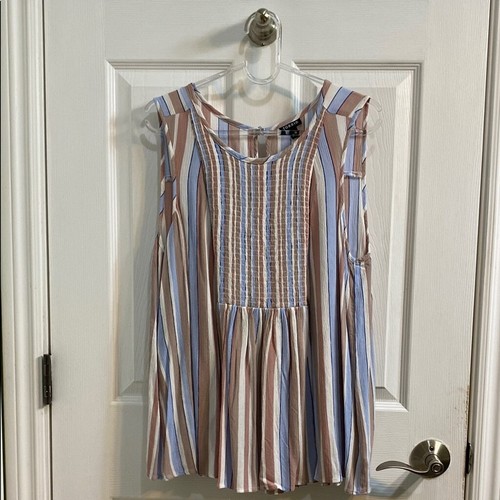 Torrid Striped Smocked Sleeveless Blouse Top Blue Rose Pink Tan Women’s Size 2X